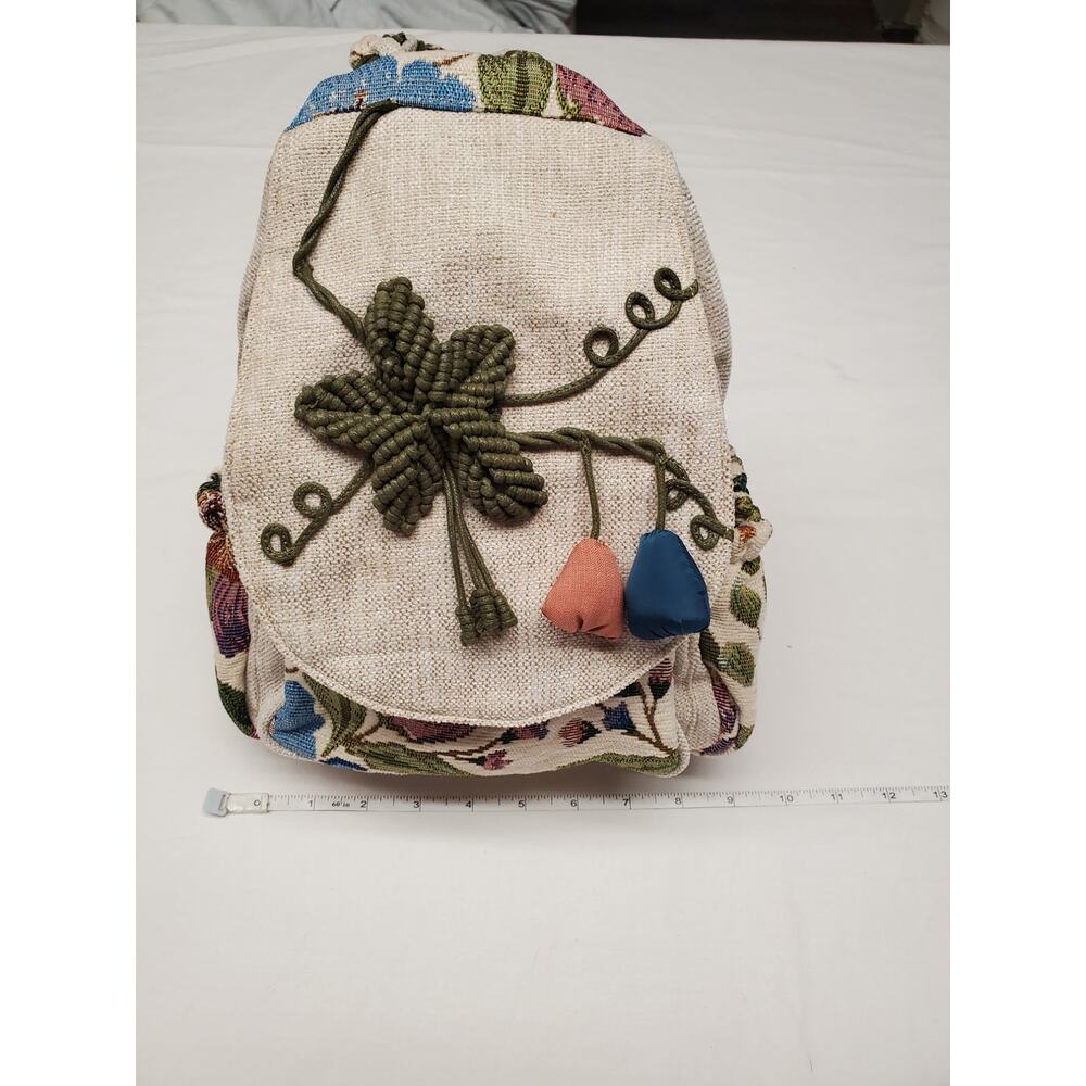 Boho Tapestry Mini Backpack Floral Embroidered Macrame Flower Accent - Picture 2 of 9
